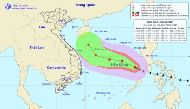 Vị trí và hướng di chuyển tiếp theo của bão số 8 Phanfone. Ảnh Trung tâm Dự báo KTTVQG.