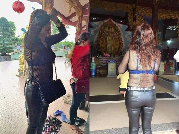 Người phụ nữ thành tâm khấn bái nhưng trang phục hoàn toàn không phù hợp.