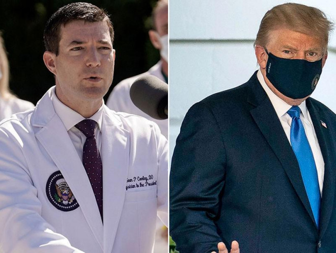 BS Sean Conley (trái) đang là tâm điểm của các tranh cãi xung quanh tình trạng sức khỏe&nbsp; của Tổng thống Donald Trump (phải). Ảnh: REUTERS