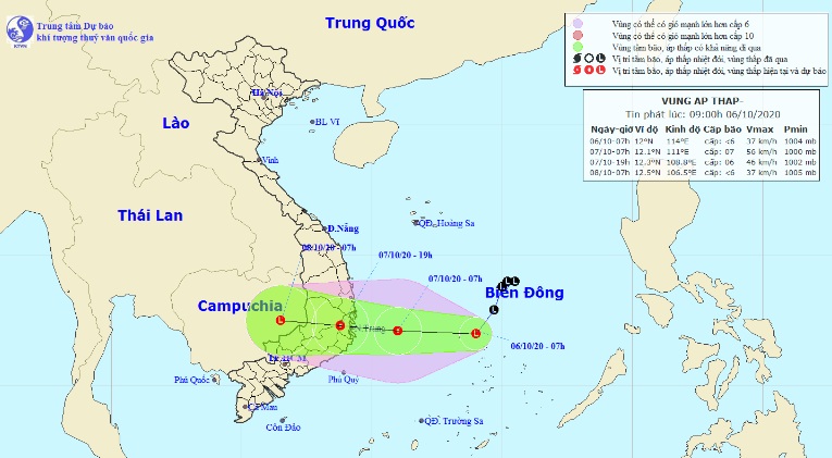 Vùng áp thấp gây mưa lớn cho các tỉnh Trung Bộ, Tây Nguyên và Nam Bộ (Ảnh: Trung tâm Dự báo KTTVQG)