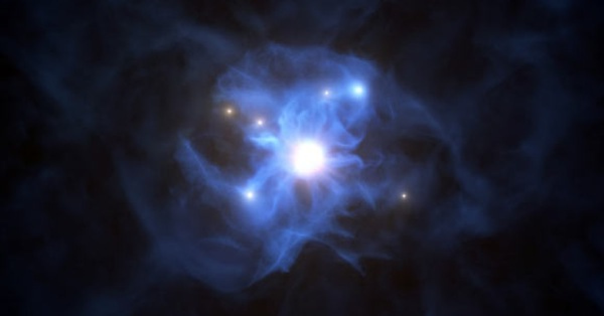 Ảnh đồ họa mô tả lỗ đen siêu quái vật rực sáng và "mạng nhện" xung quanh được tạo nên bởi 6 thiên hà - Ảnh: ESO