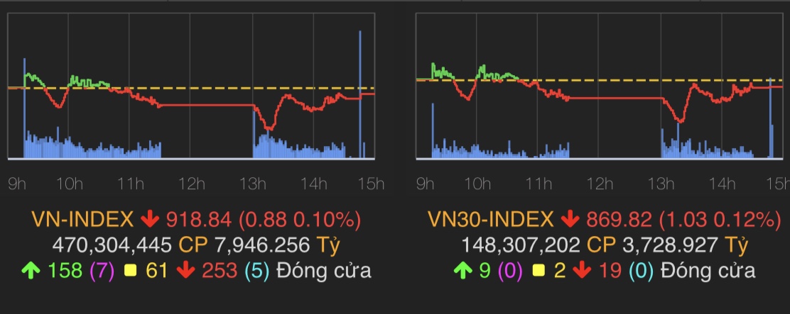 VN-Index giảm nhẹ 0,88 điểm về 918,84 điểm