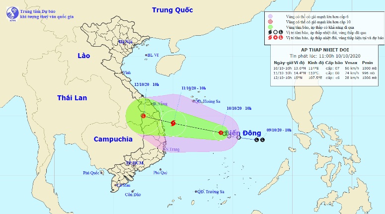 Vị trí và hướng di chuyển tiếp theo của áp thấp nhiệt đới. Ảnh Trung tâm Dự báo KTTVQG.