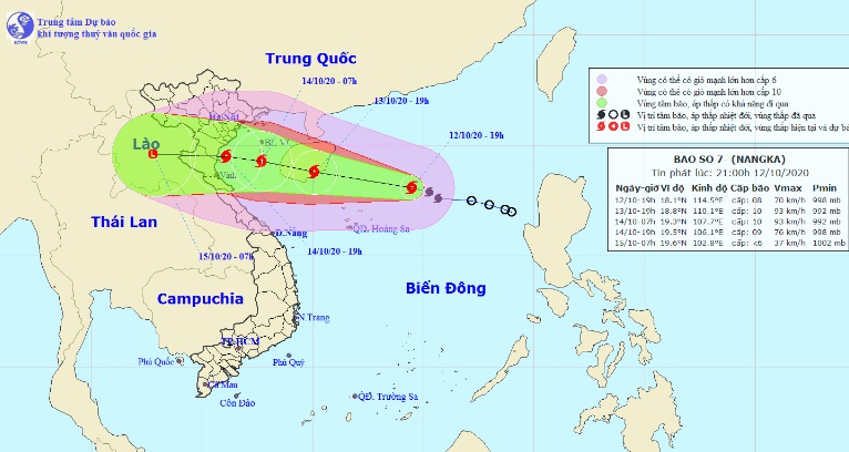 Vị trí và hướng di chuyển tiếp theo của bão số 7 trên Biển Đông. Ảnh Trung tâm Dự báo KTTVQG.