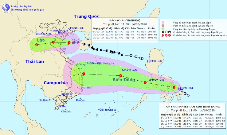 Vị trí và hướng di chuyển tiếp theo của bão số 7 và áp thấp nhiệt đới gần Biển Đông (Ảnh: Trung tâm Dự báo KTTVQG).