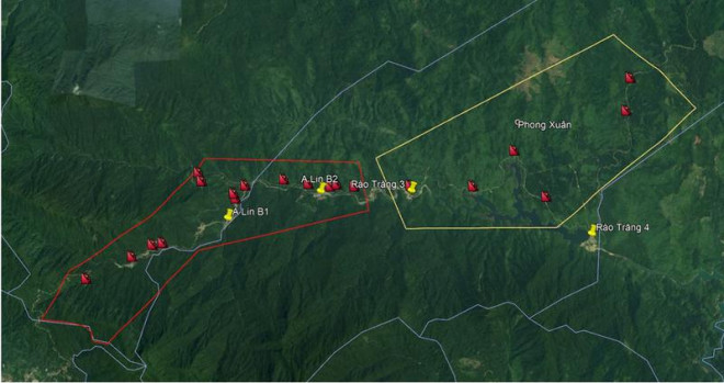 Các điểm trượt xảy ra trong khu vực xã Phong Xuân, huyện Phong Điền. Ảnh: Quan sát từ ảnh Google Earth.