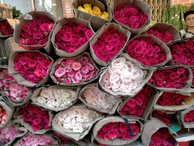 Hoa hồng đỏ, hoa hồng trắng 1 bó/ 50 bông bán với giá 120 ngàn đồng đến 200 ngàn đồng&nbsp;trên đường hoa chợ Hồ Thị Kỷ,&nbsp;phường 1, quận 10, TP.Hồ Chí Minh (Ảnh: Trần Hằng).