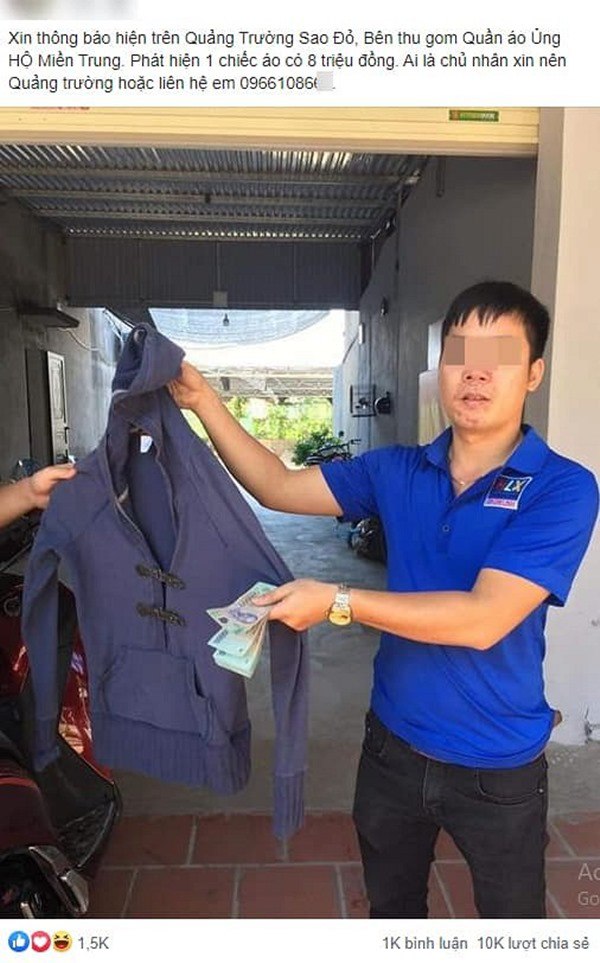 Nhóm tình nguyện phát hiện 8 triệu đồng được cất giấu trong chiếc áo cũ màu xanh tím than.