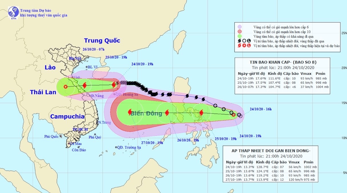 Vị trí và hướng di chuyển tiếp theo của bão sô 8 và áp thấp nhiệt đới. (Ảnh: Trung tâm dự báo KTTVQG).