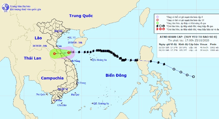 Bão số 8 suy yếu thành áp thấp nhiệt đới khi đi vào vùng biển Hà Tĩnh - Quảng Trị. (Ảnh: Trung tâm Dự báo KTTVQG).