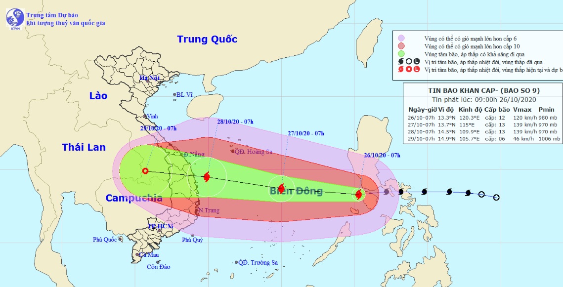 Vị trí và hướng di chuyển tiếp theo của bão số 9 – Molave (Ảnh: Trung tâm Dự báo KTTVQG).