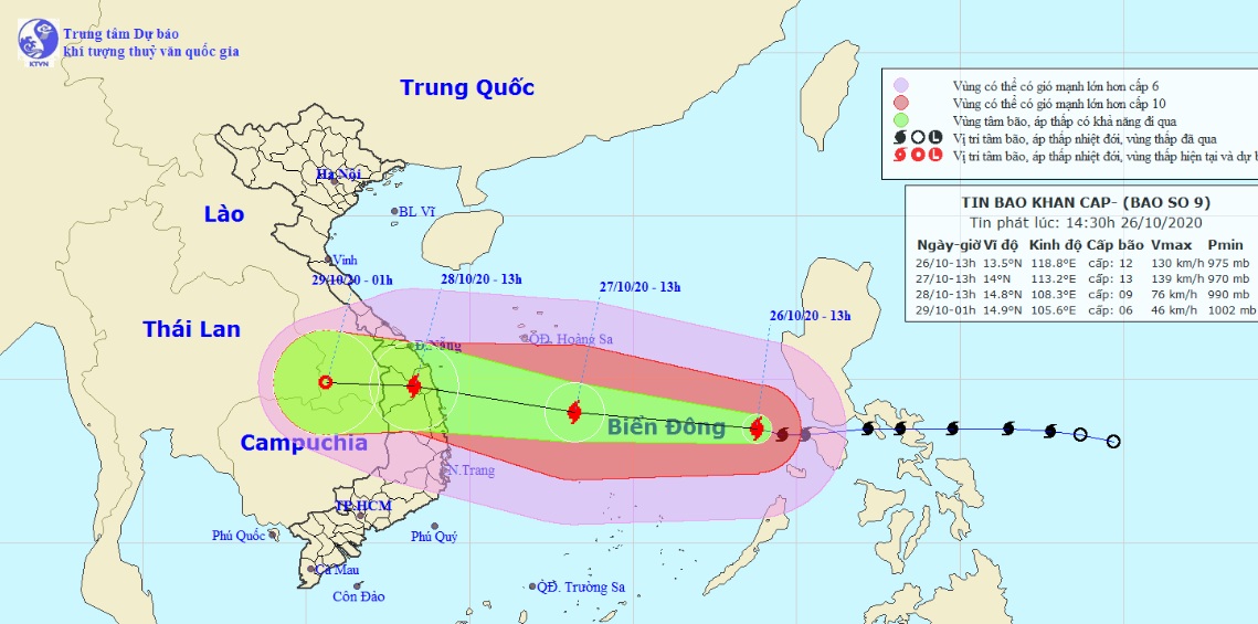 Vị trí và hướng di chuyển tiếp theo của bão số 9 – Molave. (Ảnh: Trung tâm Dự báo KTTVQG).