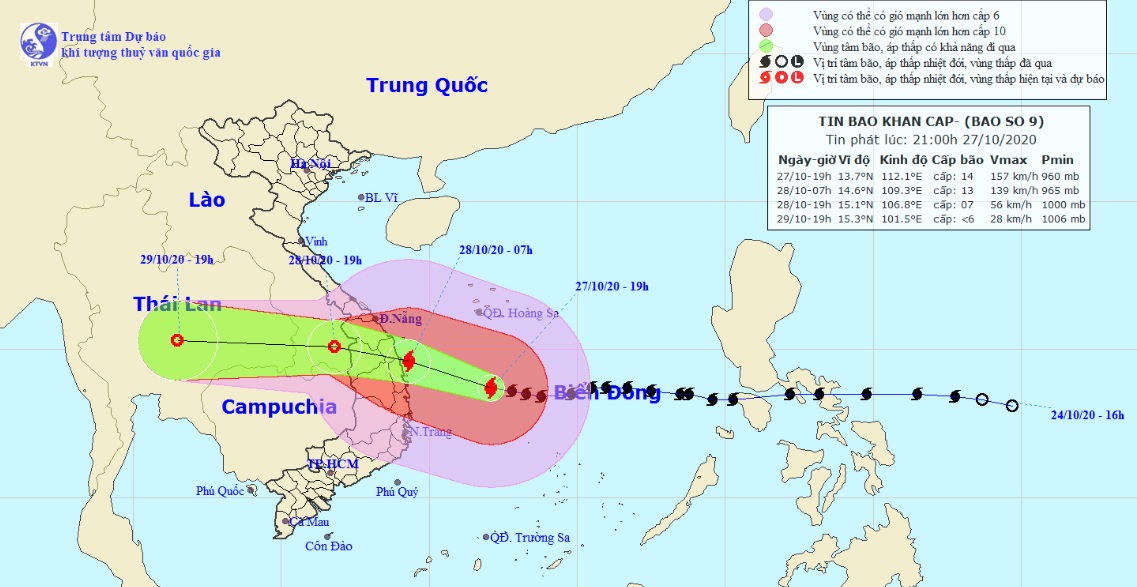 Vị trí và hướng di chuyển tiếp theo của bão số 9 – Molave. (Ảnh: Trung tâm Dự báo KTTVQG).