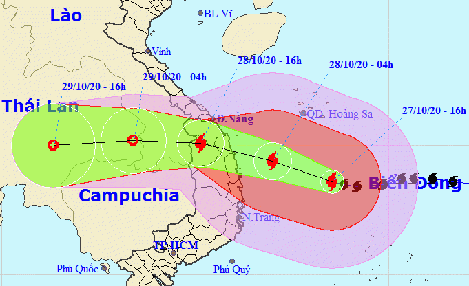 Vị trí bão số 9 lúc 16 giờ và dự báo đường đi của bão - Nguồn: Trung tâm Dự báo Khí tượng thủy văn quốc gia