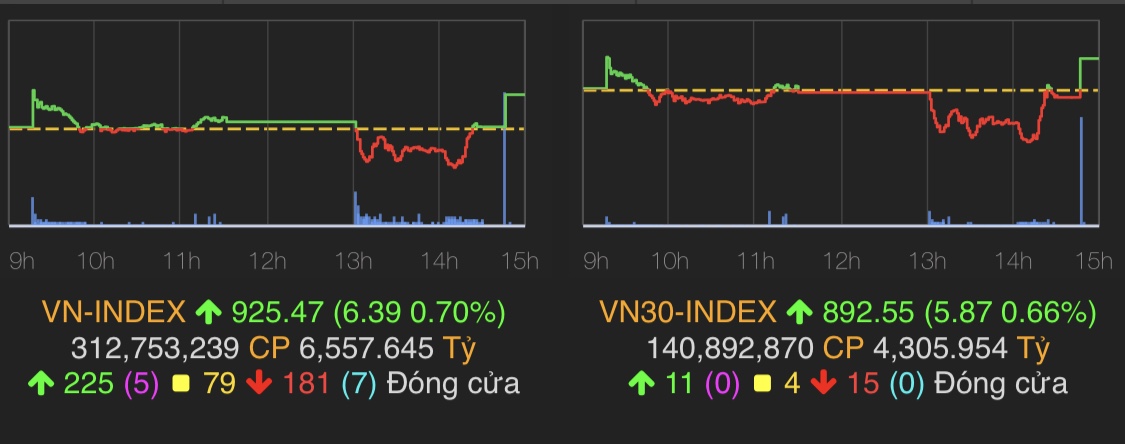 VN-Index đóng cửa tăng 6,39 điểm (0,7%) lên 925,47 điểm