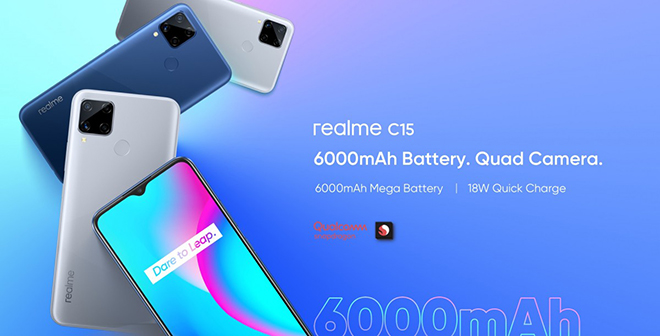 Realme C15 bản mới có pin 6.000 mAh và 4 camera sau.