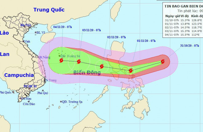 Dự báo vị trí và hướng di chuyển của siêu bão Goni - Nguồn: Trung tâm Dự báo khí tượng thủy văn quốc gia