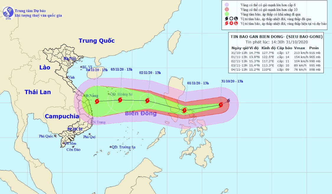 Vị trí và hướng di chuyển tiếp theo của siêu bão Goni. (Ảnh: Trung tâm Dự báo KTTVQG).