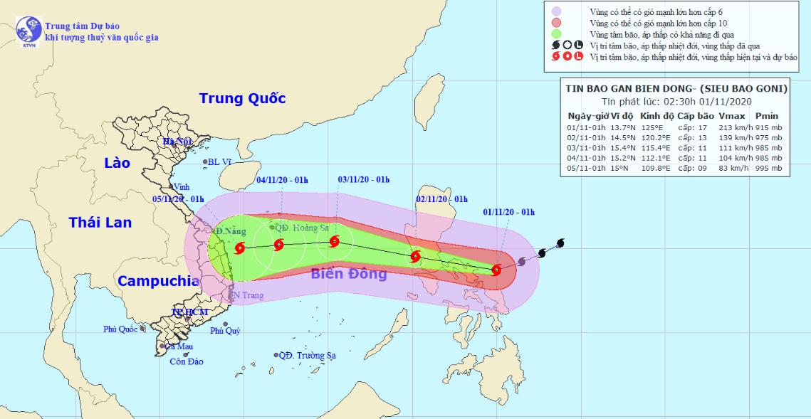 Vị trí và hướng di chuyển tiếp theo của siêu bão Goni. (Ảnh: Trung tâm Dự báo KTTVQG).