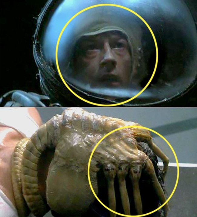 Trong Alien, khi phi hành đoàn tìm thấy con tàu của người ngoài hành tinh, nhân vật Kane đang đội một chiếc mũ đặc biệt. Tuy ở phân cảnh bị quái vật ngoài hành tinh tấn công, chiếc mũ của cô đã biến mất.
