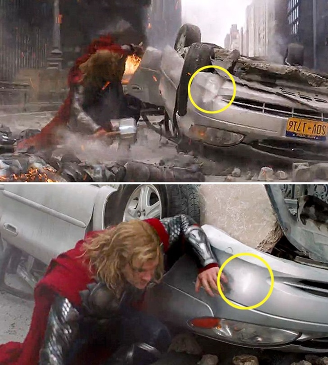 Trong The Avengers, ở phân cảnh Thor phá hủy mọi thứ xung quanh, một góc chiếc xe hơi bị méo mó. Nhưng ở cảnh quay tiếp theo, phần đầu chiếc xe đã được khôi phục như mới.
