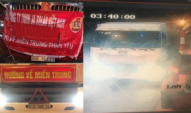 2 chiếc xe giả danh chở hàng cứu trợ miền Trung để trốn phí được các nhân viên trạm thu phí Bến thuỷ 2 phát hiện.