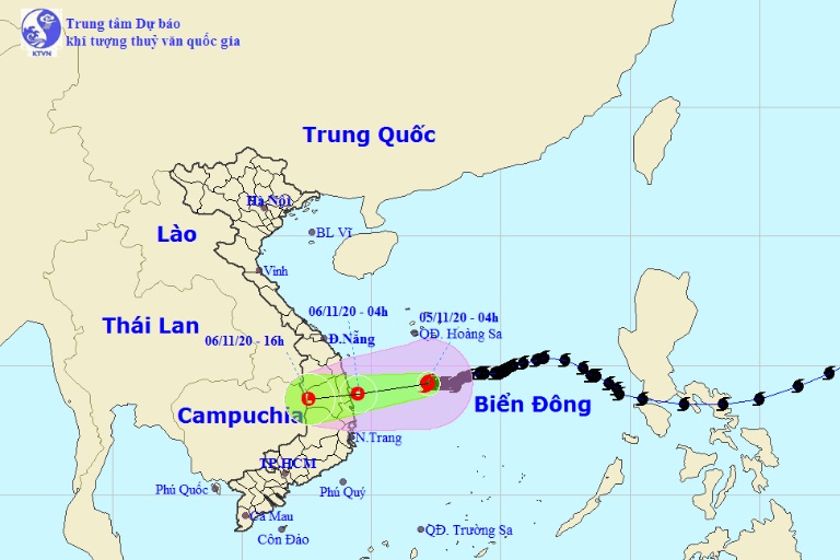 Vị trí và hướng di chuyển tiếp theo của bão số 10 – Goni. (Ảnh: Trung tâm Dự báo KTTVQG).