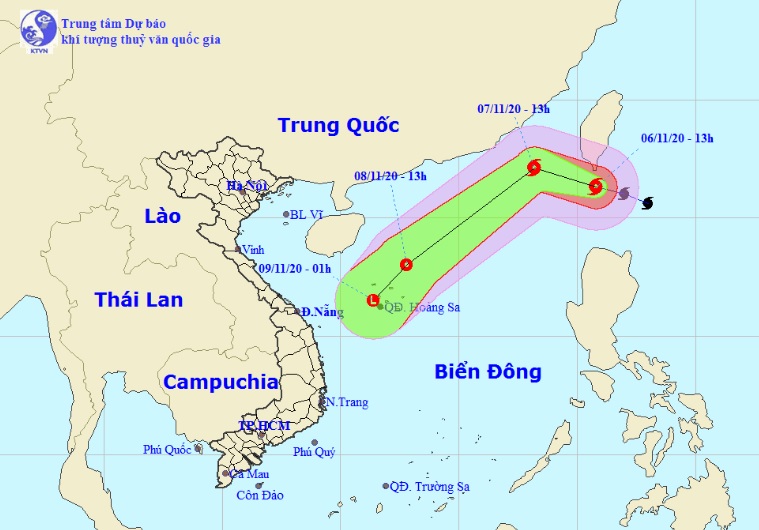 Vị trí và hướng di chuyển tiếp theo của bão Atsani. (Ảnh: Trung tâm Dự báo KTTVQG).