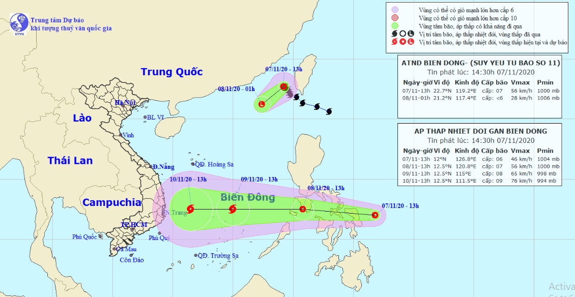 Vị trí và hướng di chuyển tiếp theo của áp thấp nhiệt đới suy yếu từ bão 11 (trên) và áp thấp nhiệt đới ngoài Biển Đông (dưới) (Ảnh: Trung tâm Dự báo KTTVQG)