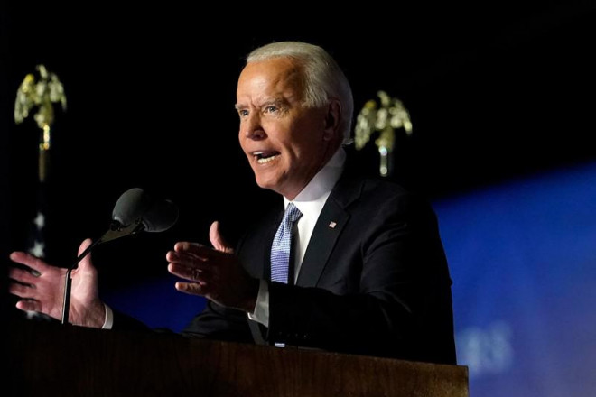 Ông Biden phát biểu mừng chiến thắng tại TP Wilmington, bang Delaware (Mỹ) tối 7-11. Ảnh: AP