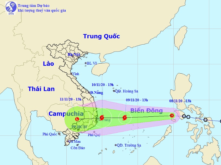 Vị trí và hướng di chuyển tiếp theo của áp thấp nhiệt đới trên Biển Đông (Ảnh: Trung tâm Dự báo KTTVQG)