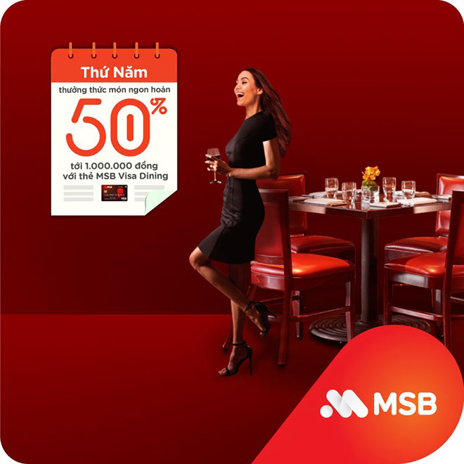 Nếu đang sở hữu thẻ Visa Dinning và thường xuyên phải "tiếp" đối tác thì đừng ngại ngần. Cứ chọn thứ Năm hàng tuần và tận hưởng không gian sang trọng từ chuỗi các nhà hàng thuộc hệ thống Redsun (king BBQ, Seoul Garden, Thai Express...) và Runam để thiết đãi đối tác, tăng cơ hội kinh và hưởng ưu đãi hoàn tiền 50% tới 1.000.000 đồng. Ưu đãi áp dụng từ nay đến 31/12/2020.