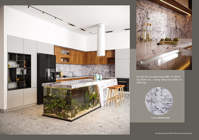 Sự kết hợp giữa đảo bếp ứng dụng đá Vicostone với thủy sinh tạo nên không gian bếp đầy thú vị (Bài tham gia của KTS Nhật Hoàng)