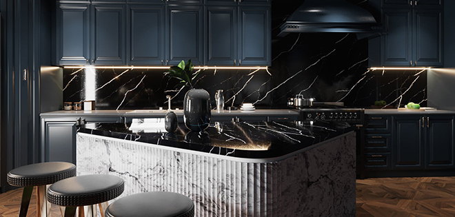 Cũng sử dụng mã đá Nero Marquina,thiết kế của KTS Thắng Quách lại mang đến vẻ đẹp sang trọng, cuốn hút.