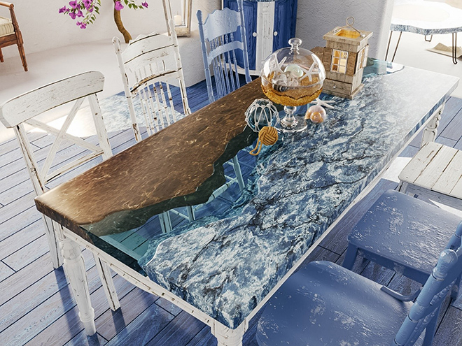 Với khả năng tạo vân xuyên tấm, đá Vicostone đã góp phần mang đến điểm nhấn thú vị trong thiết kế của KTS Mai Hạnh, làm nổi bật chủ đề ‘’Hơi thở của đại dương’’