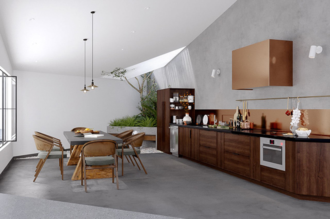 Căn bếp thiết kế theo phong cách Industrial (phong cách công nghiệp) của KTS Hương Trần mang nét mộc mạc, giản dị nhưng không kém phần hấp dẫn.