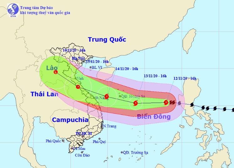 Vị trí và hướng di chuyển tiếp theo của bão số 13 Vamco. (Ảnh: Trung tâm Dự báo KTTVQG)