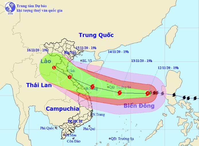 Vị trí và hướng di chuyển tiếp theo của bão số 13 Vamco. (Ảnh: Trung tâm Dự báo KTTVQG).