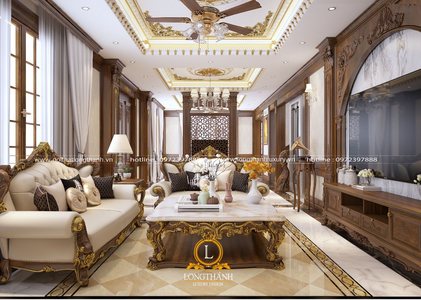 Thiết kế nội thất phòng khách nổi bật với bộ sofa tân cổ điển sang trọng