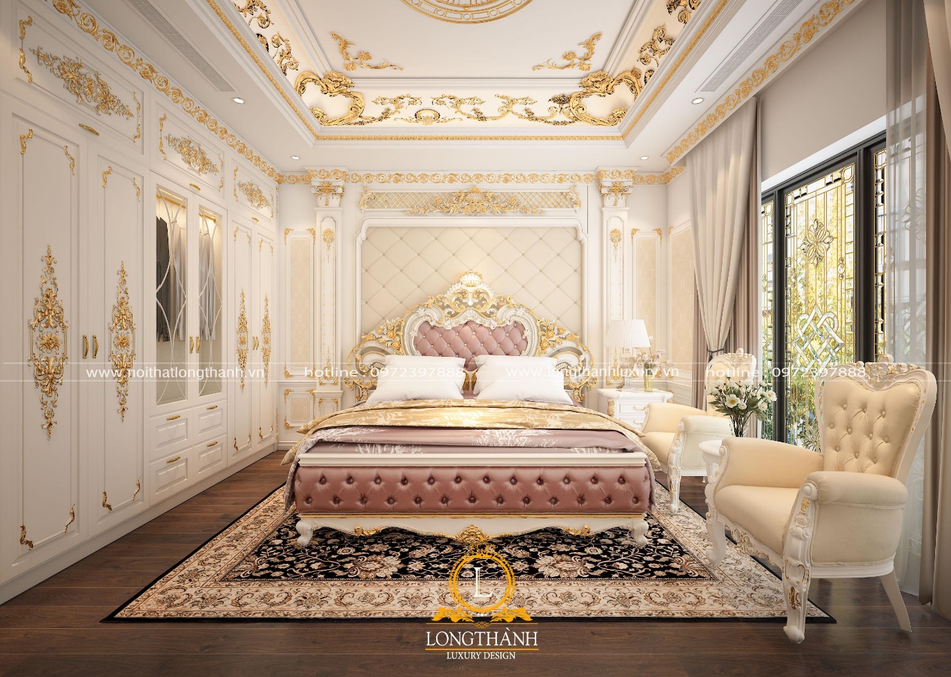 Phòng ngủ tân cổ điển chất liệu gỗ tự nhiên sơn trắng mang lại vẻ đẹp tinh tế, trẻ trung.