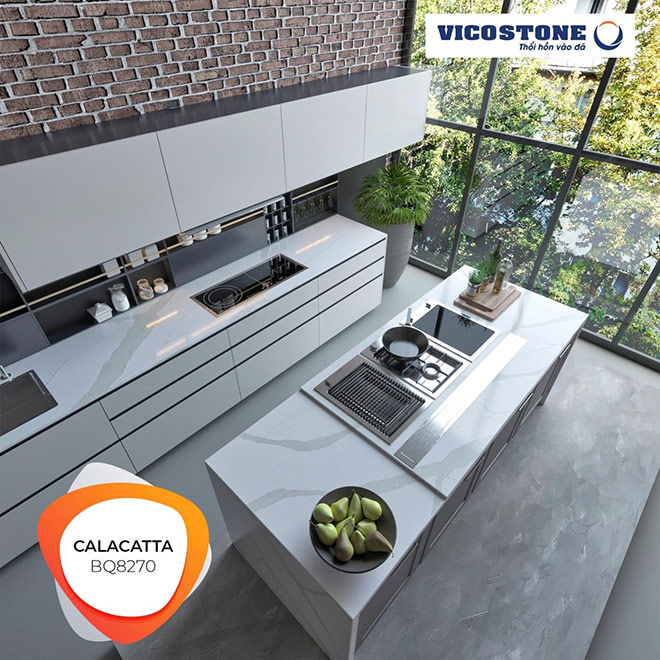 Mẫu đảo bếp BQ8270 trắng vân mây thiết kế hiện đại tinh tế