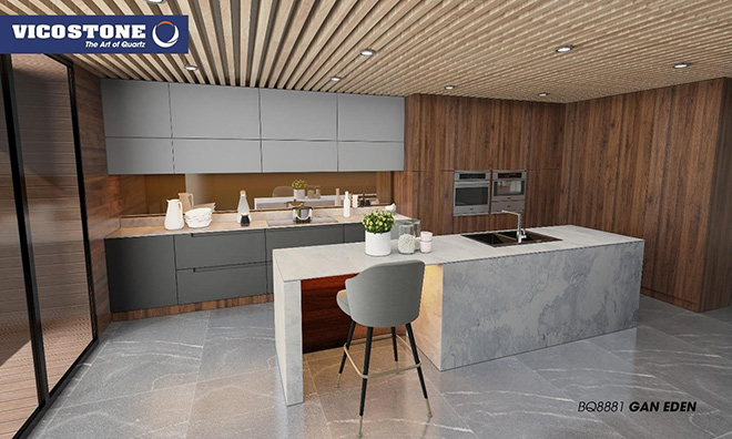 Bàn đảo bếp GRAND EDEN BQ8881 thiết kế làm nơi chuẩn bị thực phẩm và quầy bả, khu sơ chế và cũng là không gian dùng bữa sáng. 