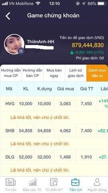 Tài khoản games chứng khoán của ThienAnh-HH tại ngày 17/2/2020