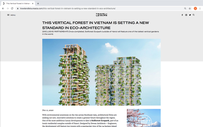 "Tòa tháp xanh cao nhất Đông Nam Á" là tiêu đề bài viết đăng tải trên Channel News Asia (CNA) về "rừng thẳng đứng" Sol Forest Ecopark
