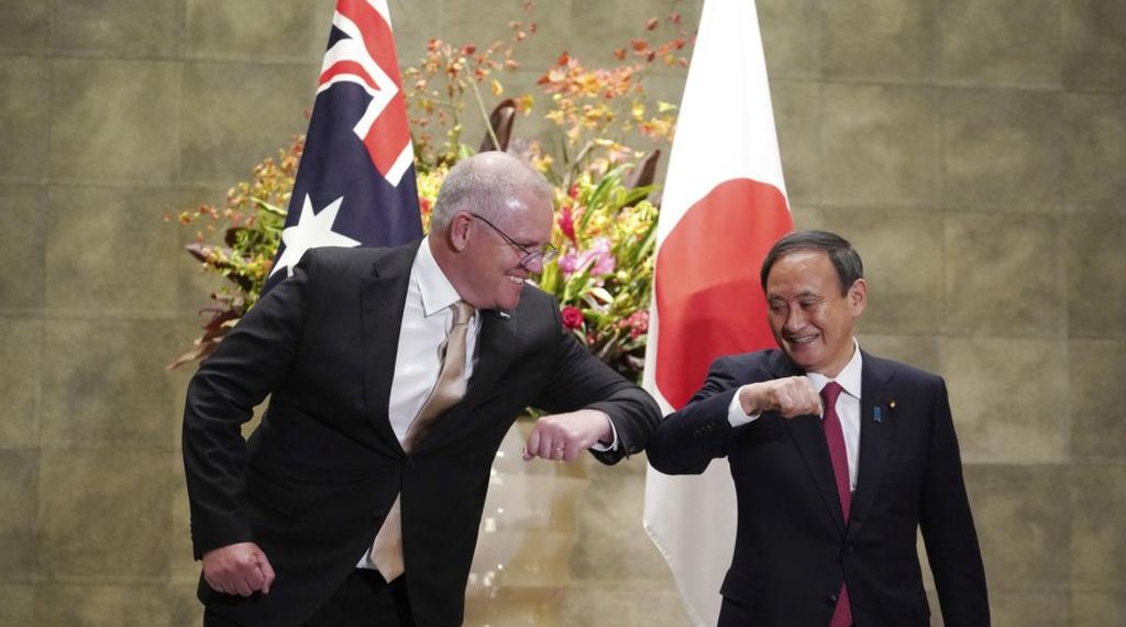 Thủ tưởng Nhật Bản Suga Yoshihide và người đồng cấp Úc Scott Morrison trong cuộc gặp mới nhất (ảnh: SCMP)