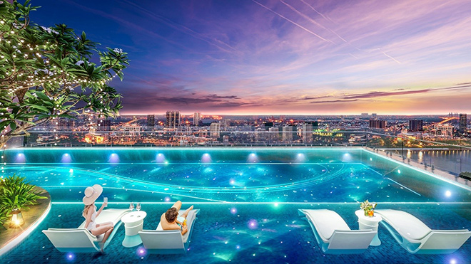 Hồ bơi sợi quang học tại D-Aqua với view nhìn ra hành phố