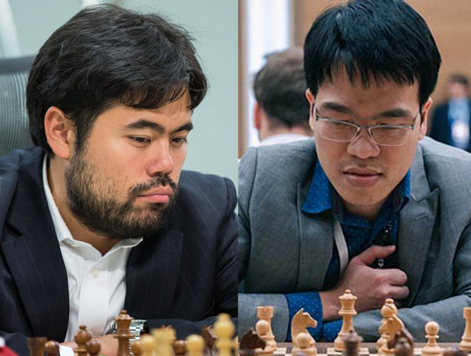 Quang Liêm (phải) hạ kỳ thủ số 1 cờ chớp, Nakamura (trái) ở ván 6, giải cờ nhanh&nbsp;Skilling Open 2020