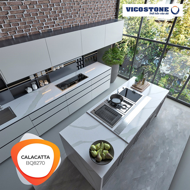 Những đường vân mềm mại, uyển chuyển xuyên tấm của Vicostone Calacatta BQ 8270 là dấu mốc đáng nhớ trên hành trình sáng tạo của Vicostone