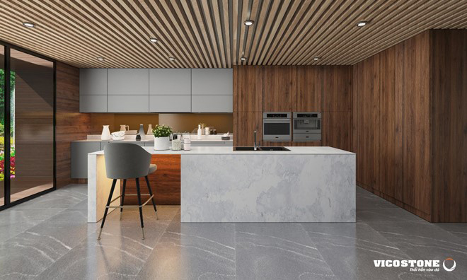  Vicostone Gan Eden mô phỏng những áng mây nhẹ nhàng, tự do phù hợp với phong cách tinh tế của gia chủ