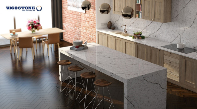 Đá Vicostone Diamante khơi dậy cảm hứng, sức mạnh cho gia chủ qua những đường vân rạn mô phỏng tia sét